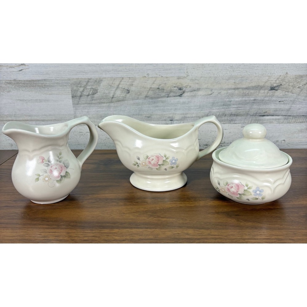 Vintage Pfaltzgraff Tea Rose Gravy Boat, Sugar Bowl and Creamer Retired Lot 3